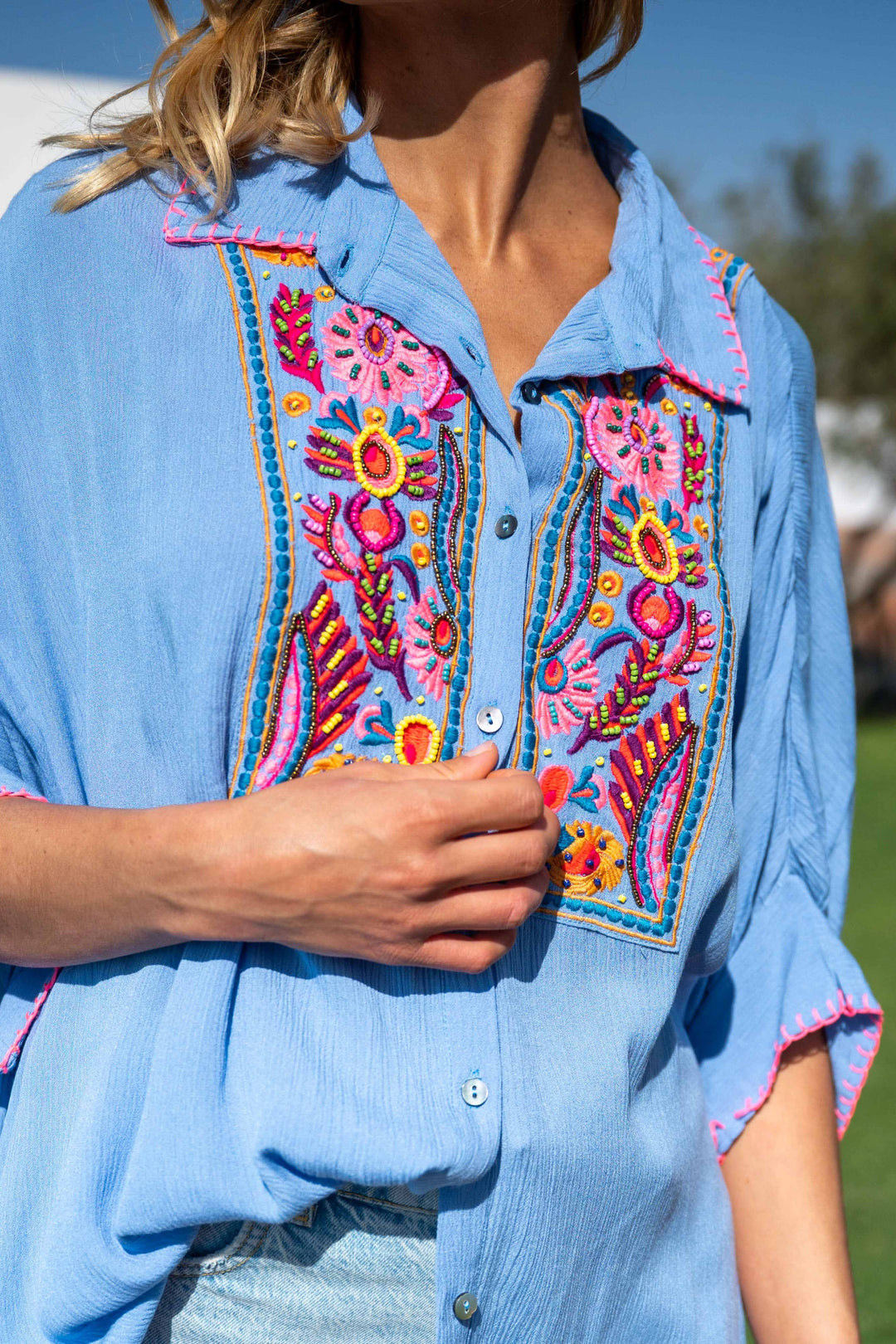 Blouse Ample Brodée Bruna - Taille unique 36-40 / Bleu