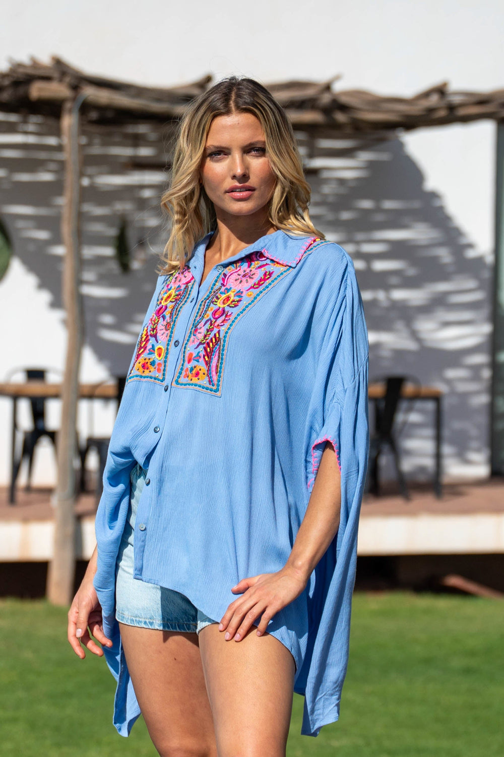 Blouse Ample Brodée Bruna - Taille unique 36-40 / Bleu