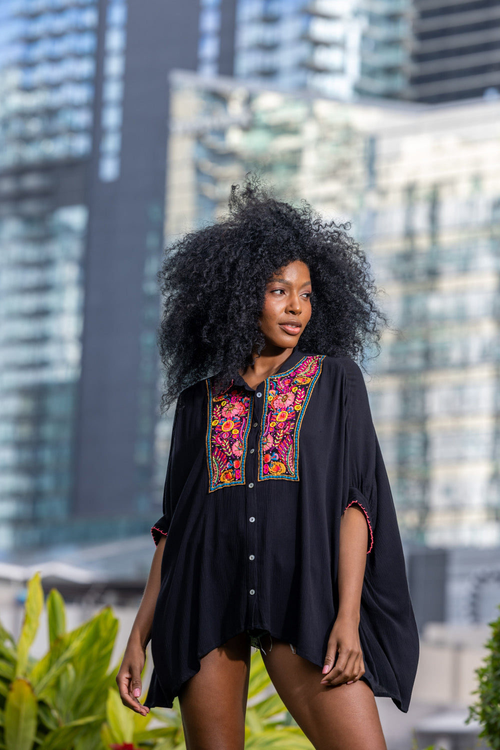 Blouse Ample Brodée Bruna - Taille unique 36-40 / Noir