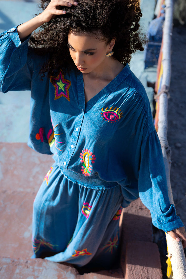 Blouse Ample Brodée Spotina - Taille unique 36-48 / Bleu