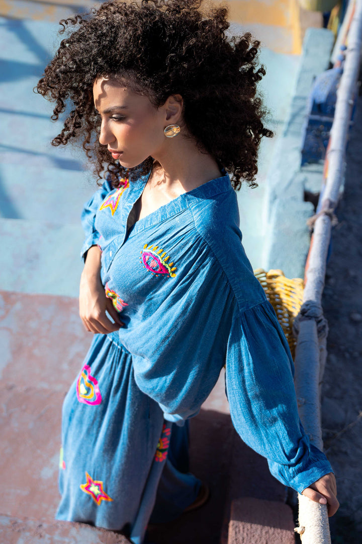 Blouse Ample Brodée Spotina - Taille unique 36-48 / Bleu