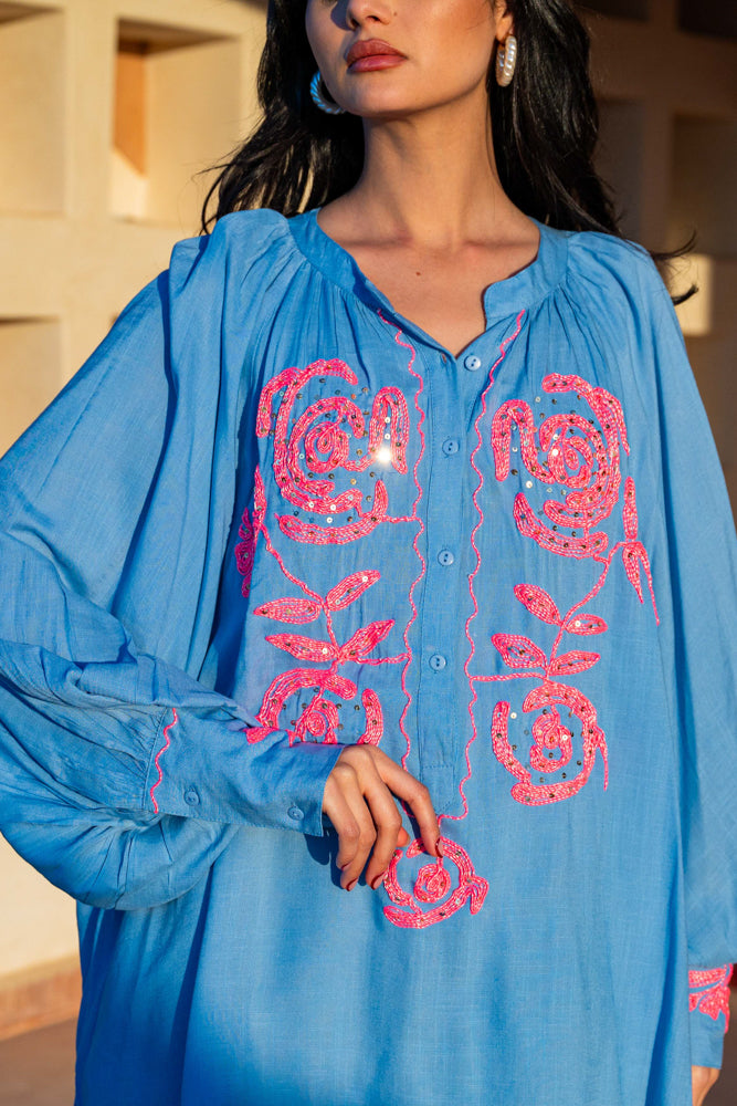 Blouse bohème brodée Bambi - Taille unique: 36 au 42 / Bleu