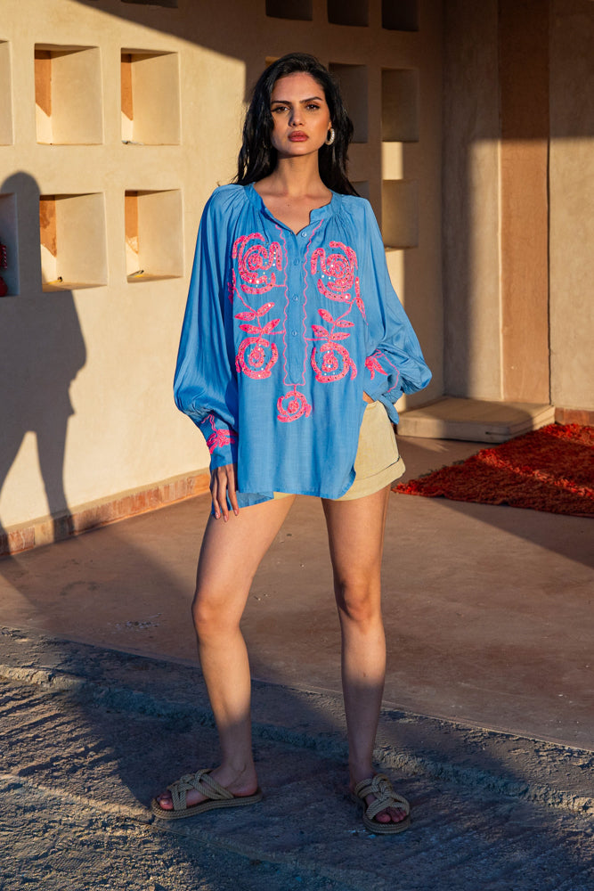 Blouse bohème brodée Bambi - Taille unique: 36 au 42 / Bleu