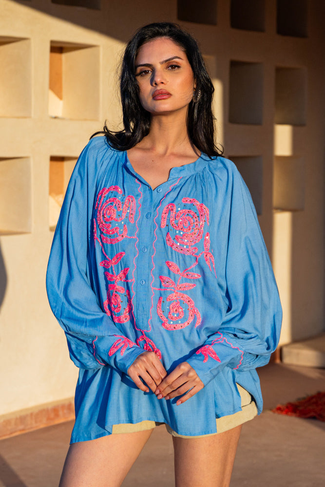 Blouse bohème brodée Bambi - Taille unique: 36 au 42 / Bleu