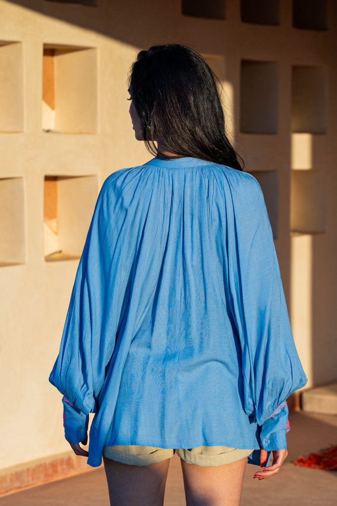 Blouse bohème brodée Bambi - Taille unique: 36 au 42 / Bleu