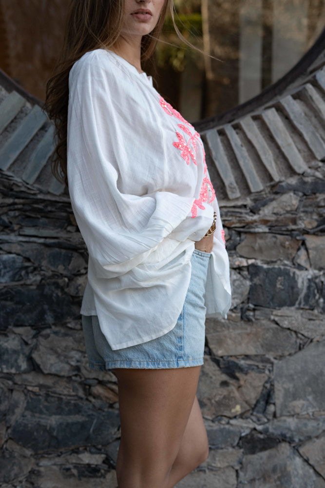 Blouse bohème brodée Bambi - Taille unique: 36 au 42 / Ecru