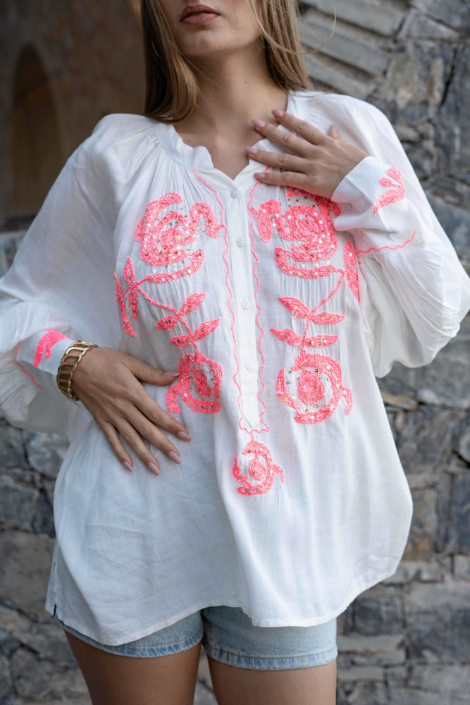 Blouse bohème brodée Bambi - Taille unique: 36 au 42 / Ecru