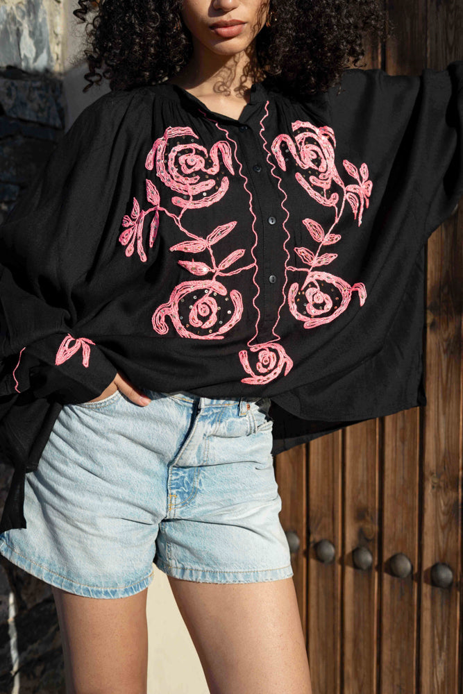 Blouse bohème brodée Bambi - Taille unique: 36 au 42 / Noir
