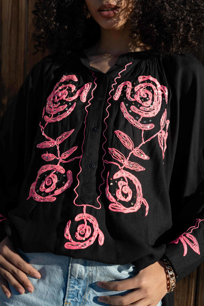 Blouse bohème brodée Bambi - Taille unique: 36 au 42 / Noir