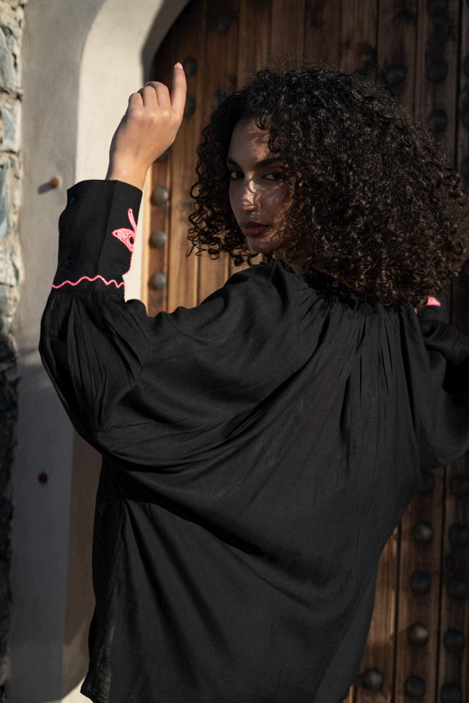 Blouse bohème brodée Bambi - Taille unique: 36 au 42 / Noir