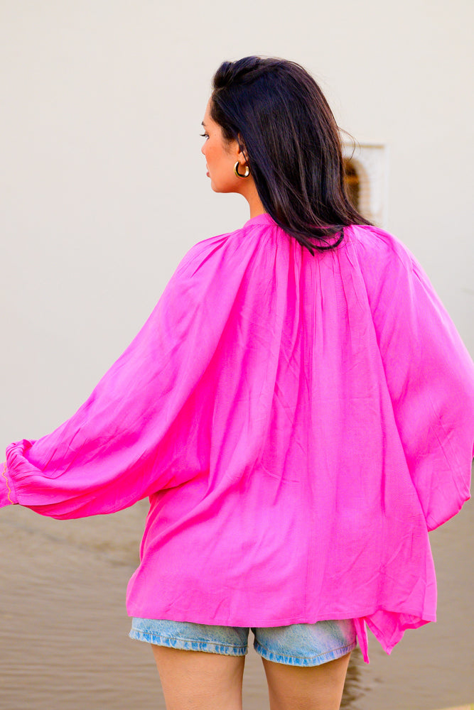 Blouse bohème brodée Bambi - Taille unique: 36 au 42 / Rose
