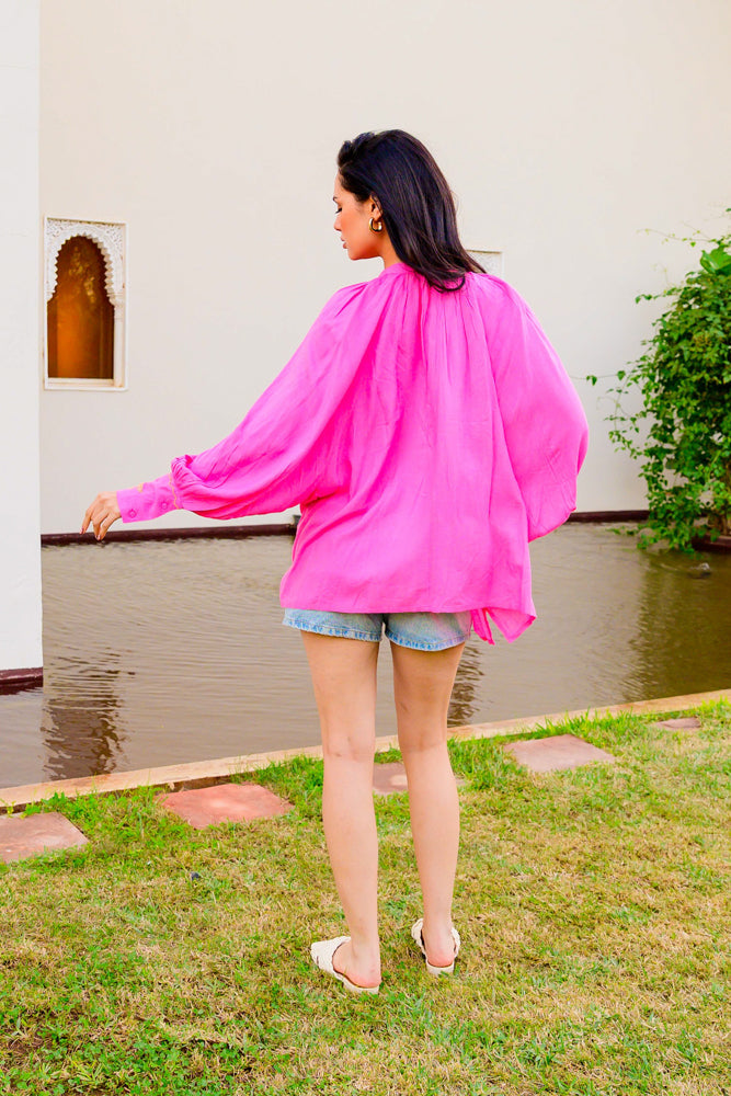 Blouse bohème brodée Bambi - Taille unique: 36 au 42 / Rose