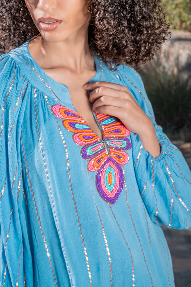 Blouse bohème brodée Mirna - Taille unique: 36 au 42 / Bleu