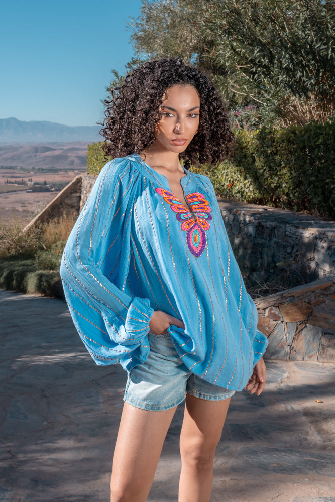 Blouse bohème brodée Mirna - Taille unique: 36 au 42 / Bleu