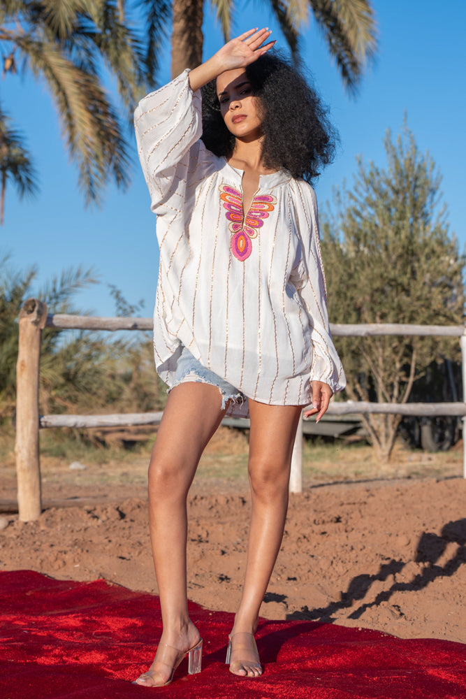 Blouse bohème brodée Mirna - Taille unique: 36 au 42 / Ecru