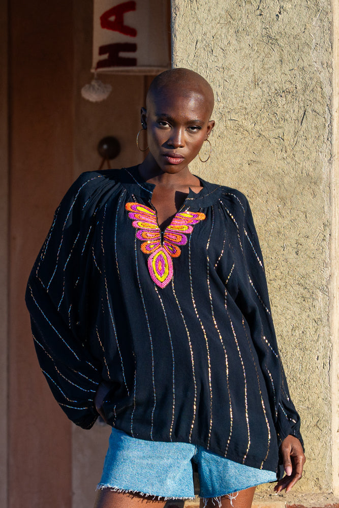 Blouse bohème brodée Mirna - Taille unique: 36 au 42 / Noir