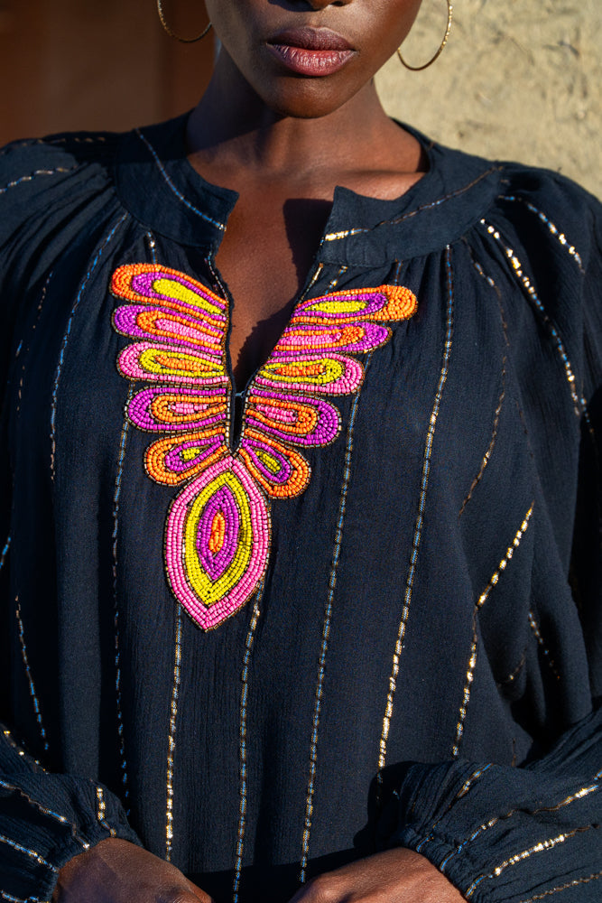 Blouse bohème brodée Mirna - Taille unique: 36 au 42 / Noir