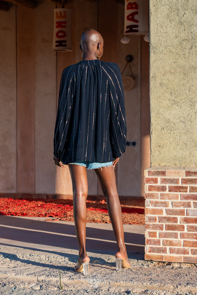 Blouse bohème brodée Mirna - Taille unique: 36 au 42 / Noir