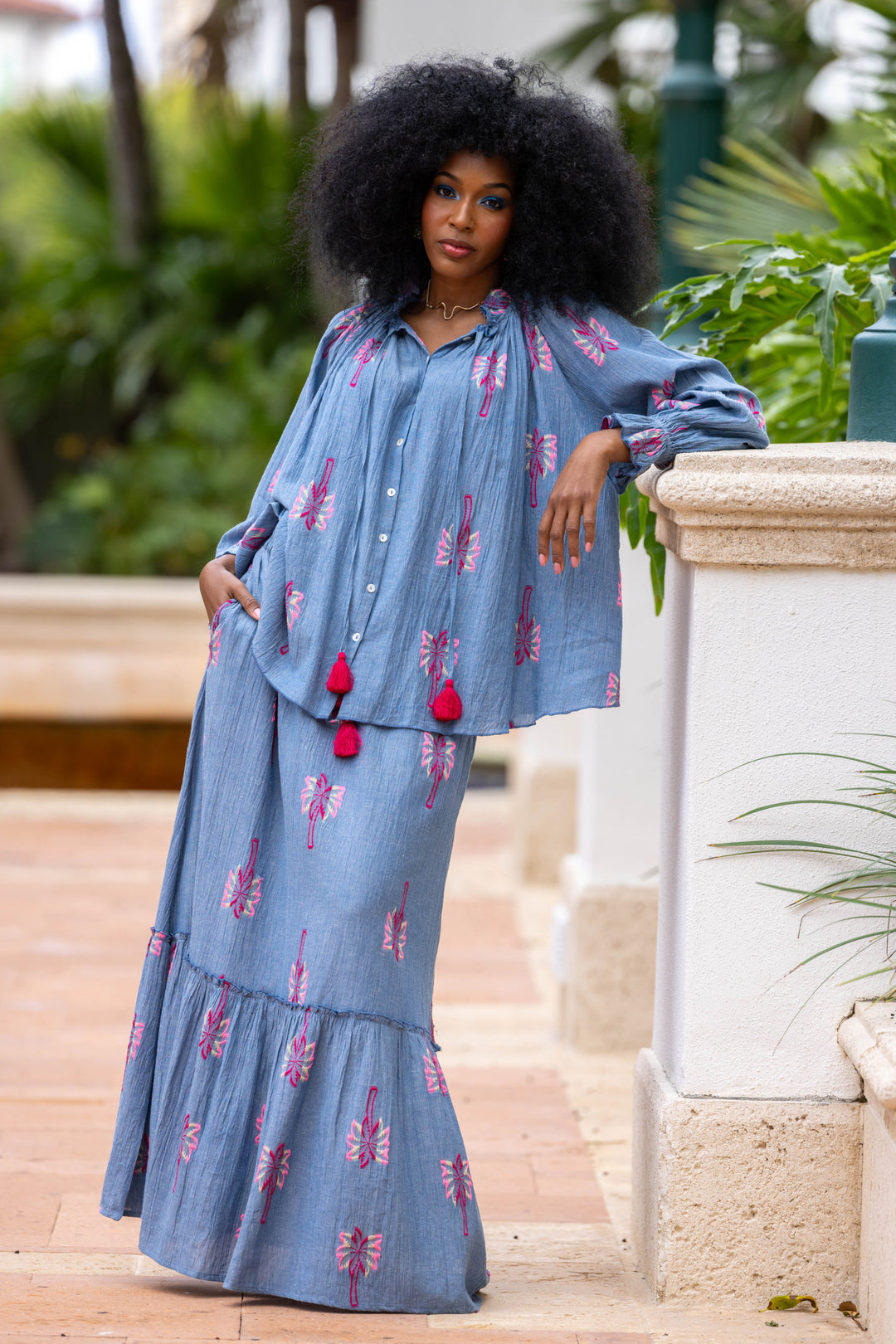 Blouse Bohème Brodée Nice - Taille unique / Bleu - Tops