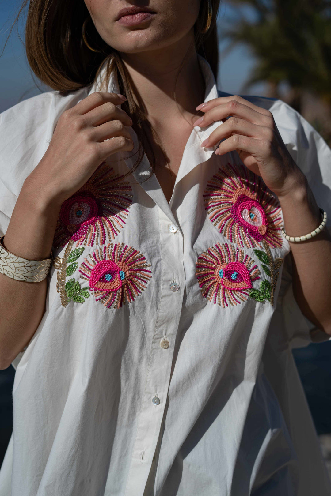 Blouse Brodée de Perles Sunyno - Taille unique / Ecru