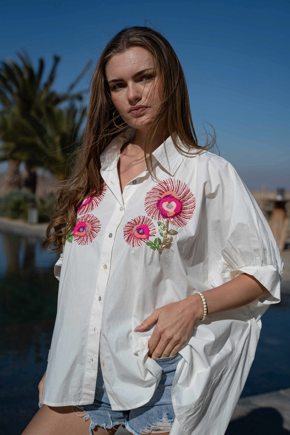 Blouse Brodée de Perles Sunyno - Taille unique / Ecru