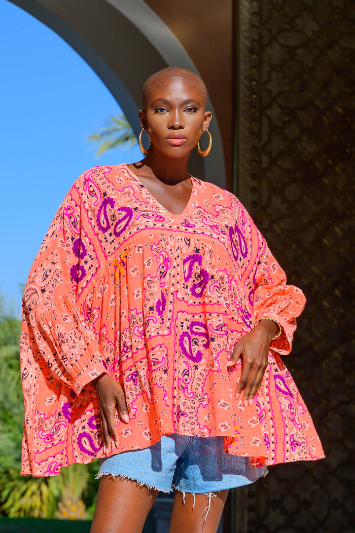 Blouse Fluide à Motifs Bruce - Taille unique 36-42 / Pêche