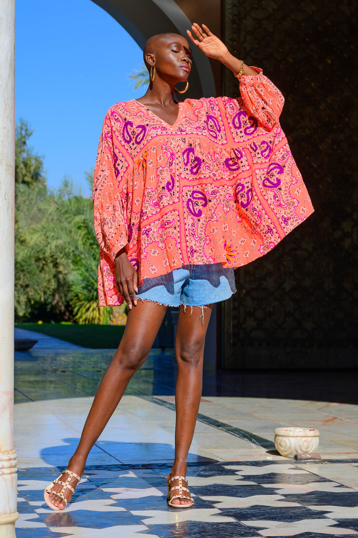 Blouse Fluide à Motifs Bruce - Taille unique 36-42 / Pêche