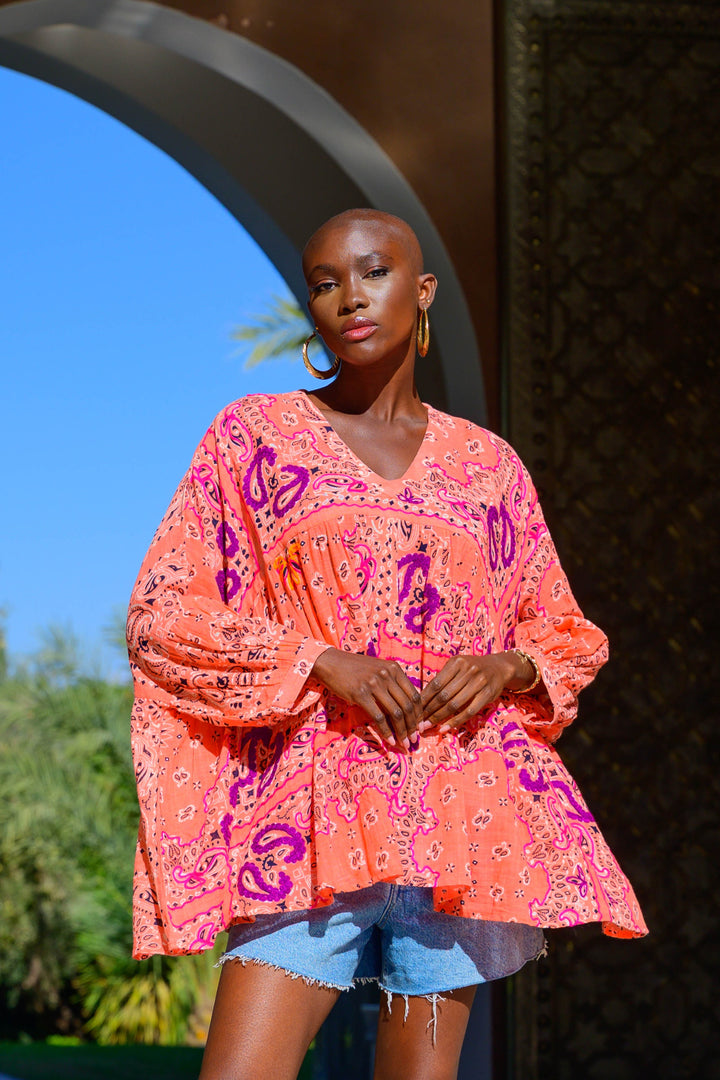 Blouse Fluide à Motifs Bruce - Taille unique 36-42 / Pêche