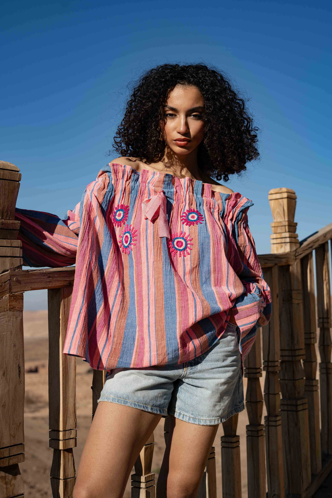 Blouse Rayée Brodée Sophie - Taille unique / Bleu - Tops