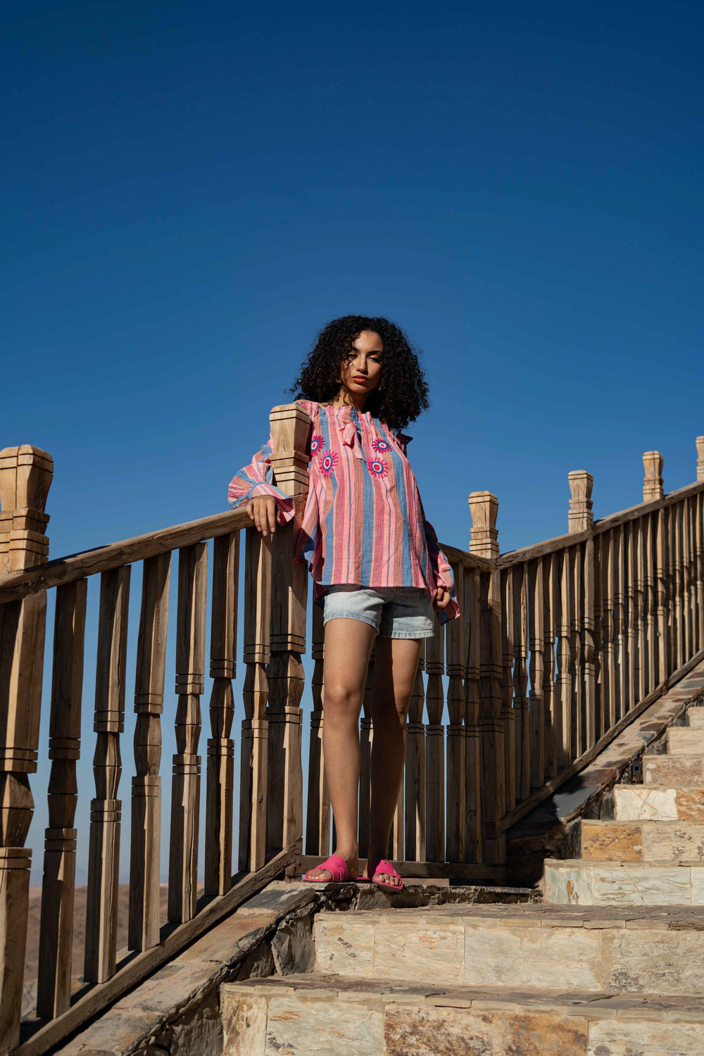 Blouse Rayée Brodée Sophie - Taille unique / Bleu - Tops