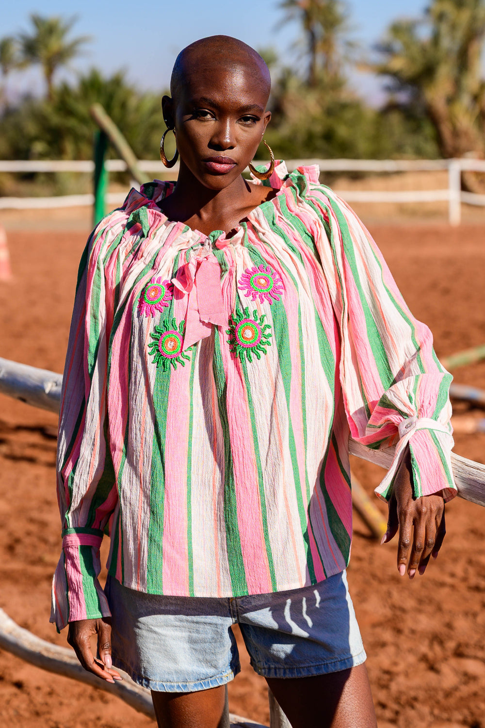 Blouse Rayée Brodée Sophie - Taille unique / Rose - Tops