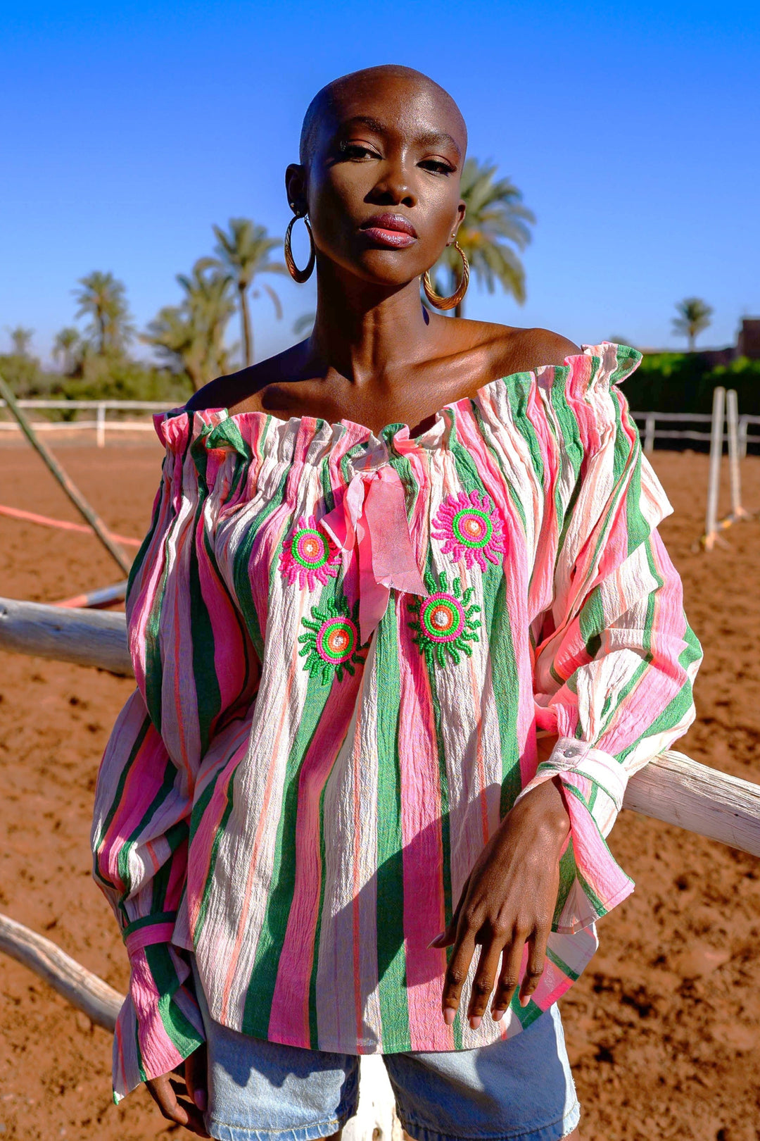 Blouse Rayée Brodée Sophie - Taille unique / Rose - Tops