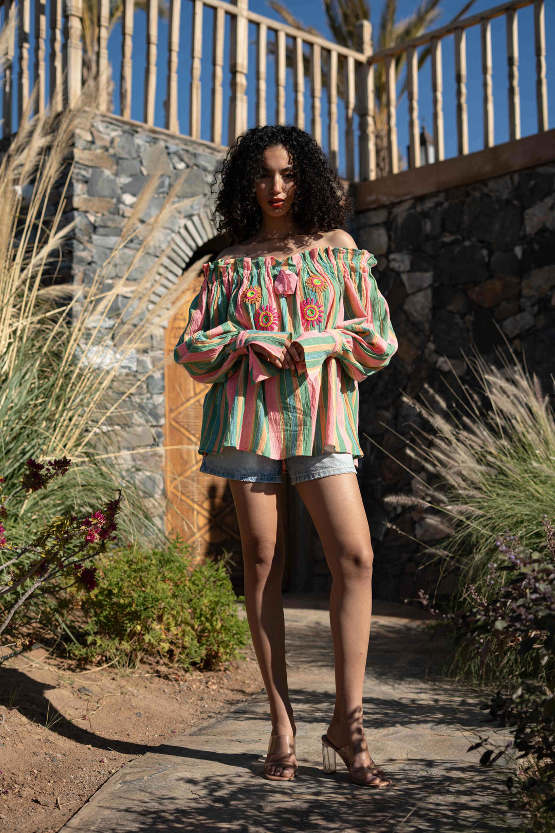 Blouse Rayée Brodée Sophie - Taille unique / Vert - Tops