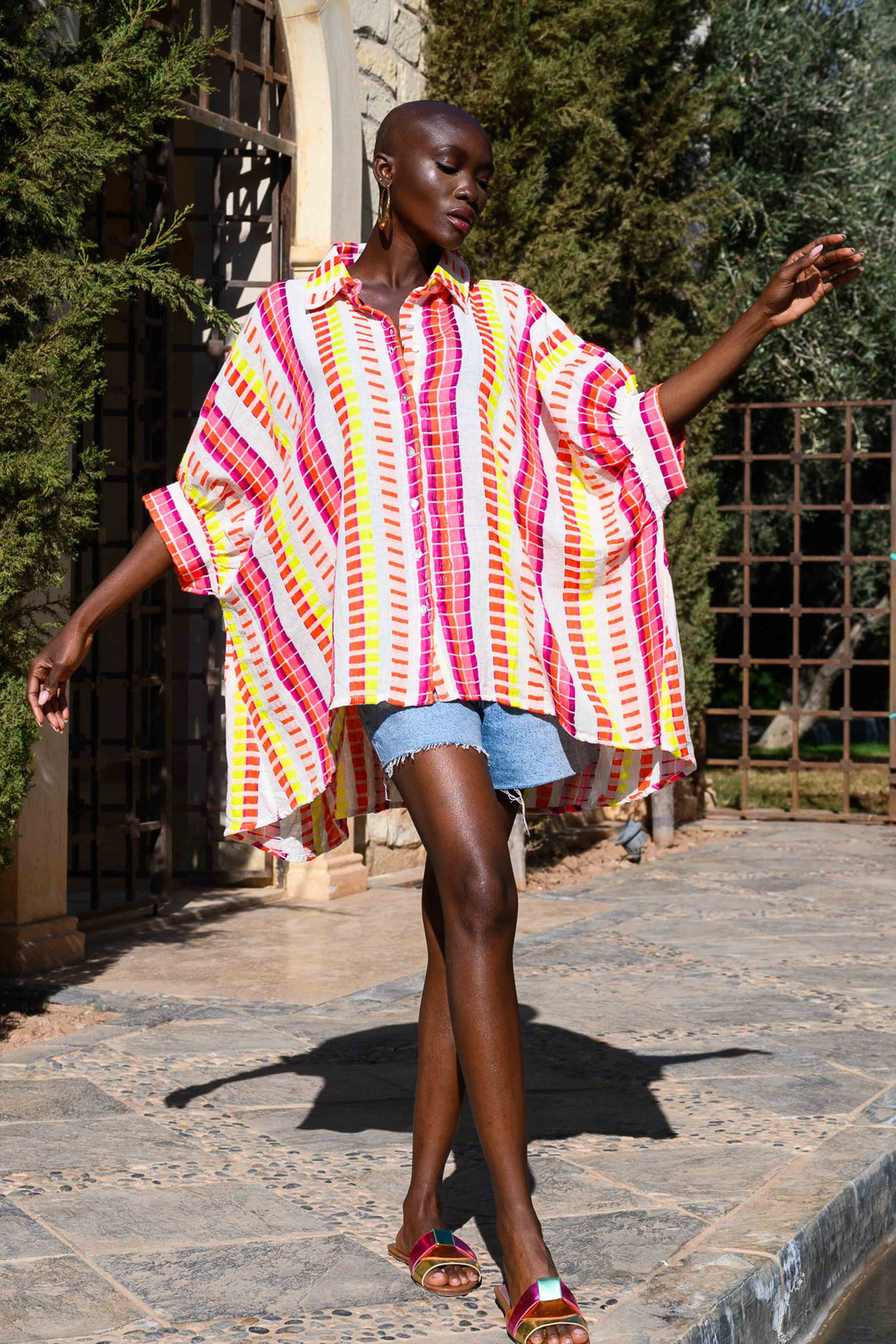 Blouse Rayée Oversize Siena - Taille unique / Ecru/Rose