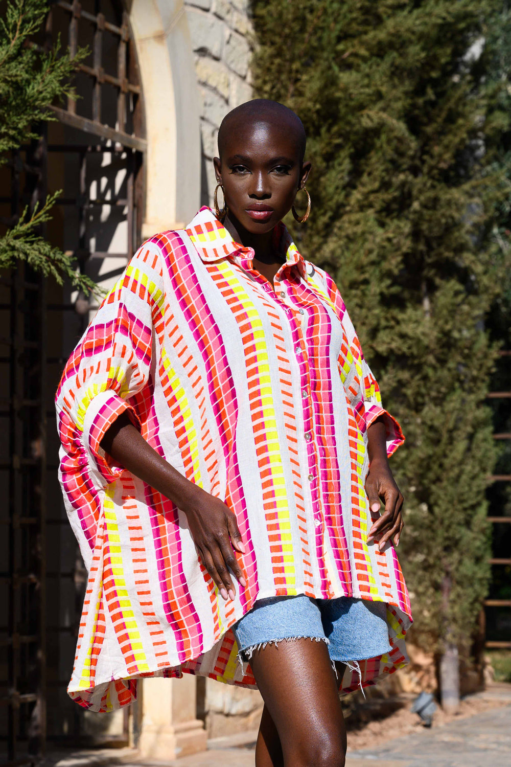 Blouse Rayée Oversize Siena - Taille unique / Ecru/Rose