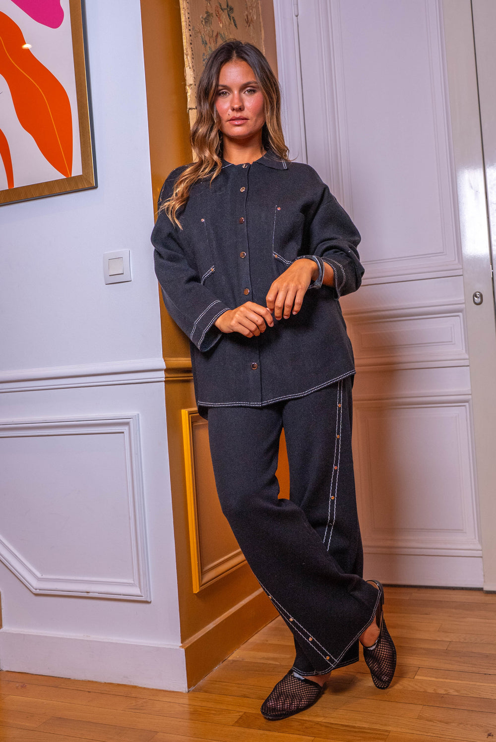 Chemise oversize boutonnée Rafia - Taille unique / Noir