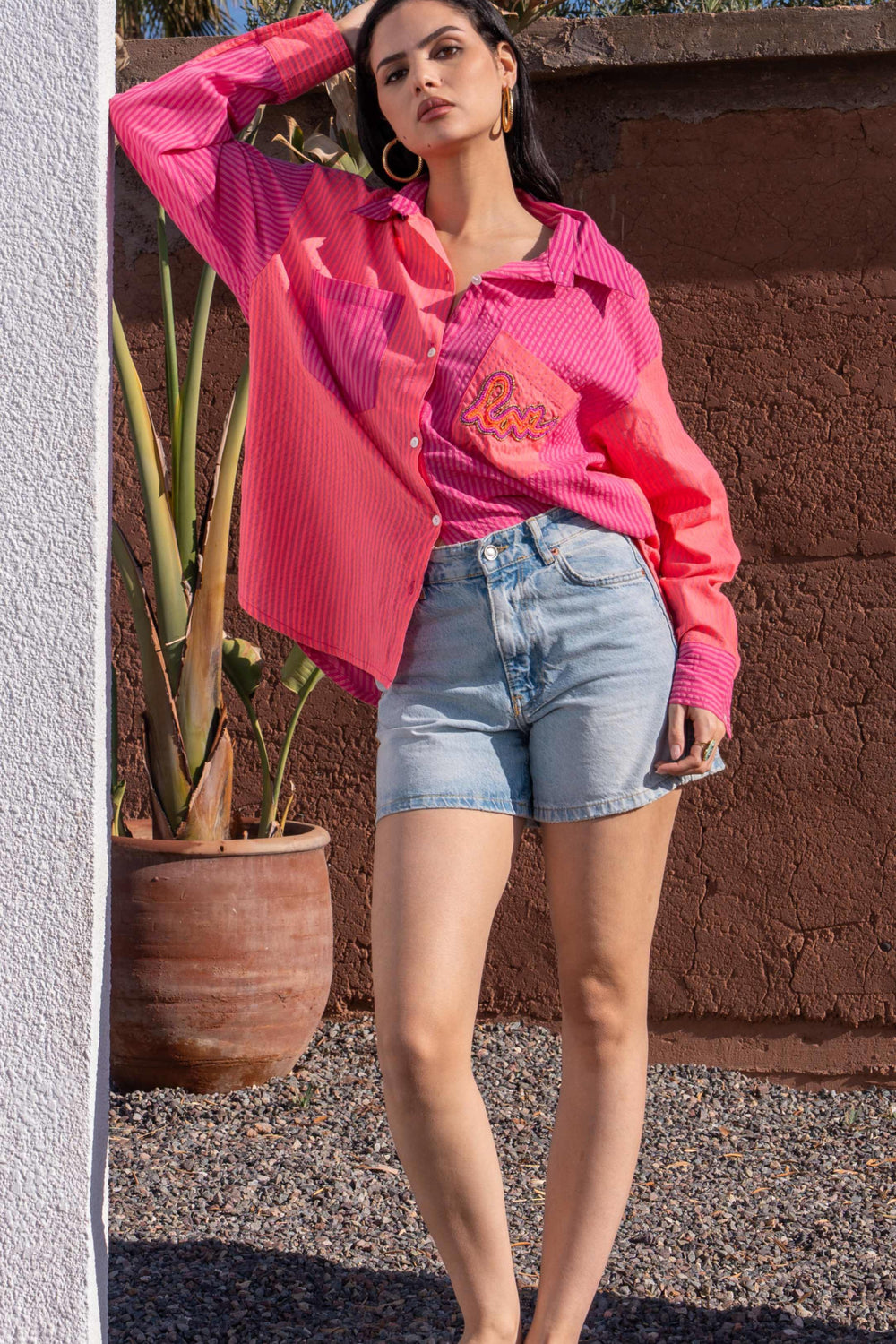 Chemise Oversize Rayures Roka - Taille unique / Fuchsia