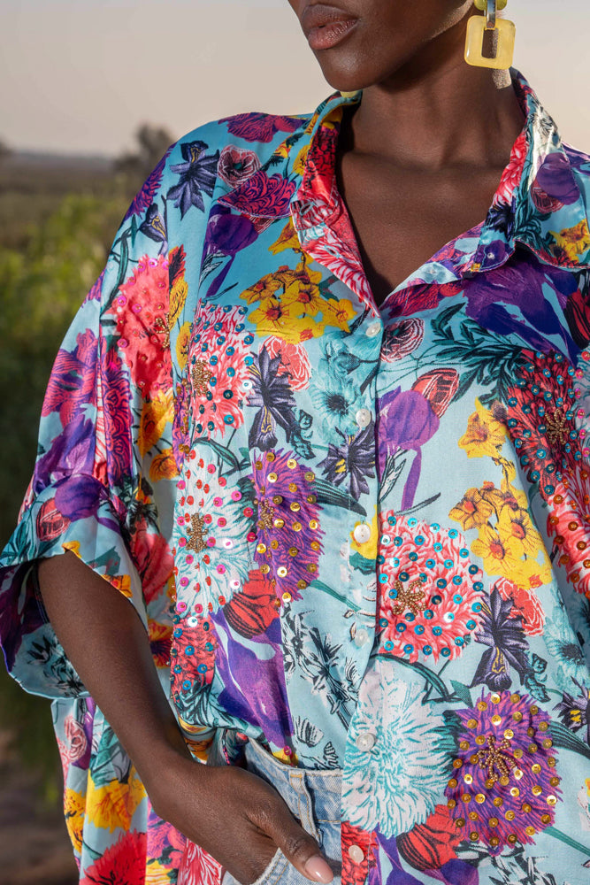 Chemise satinée Mimi - Taille unique: 36 au 42 / Bleu