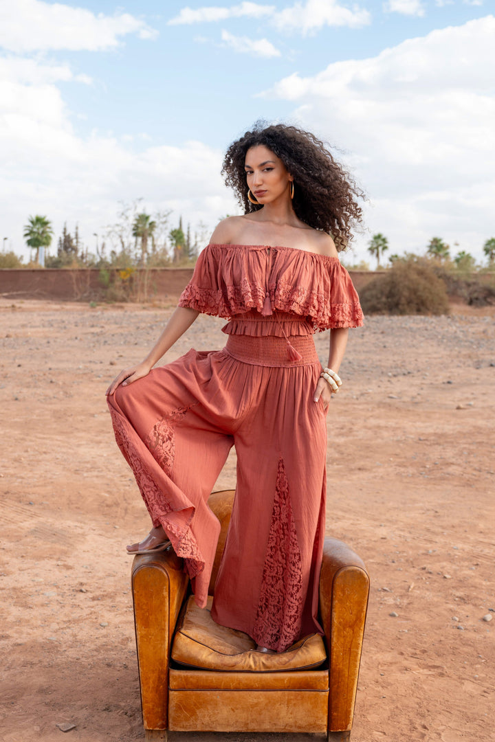 Ensemble Top & Pantalon Fluide Dentelle Noga - Taille