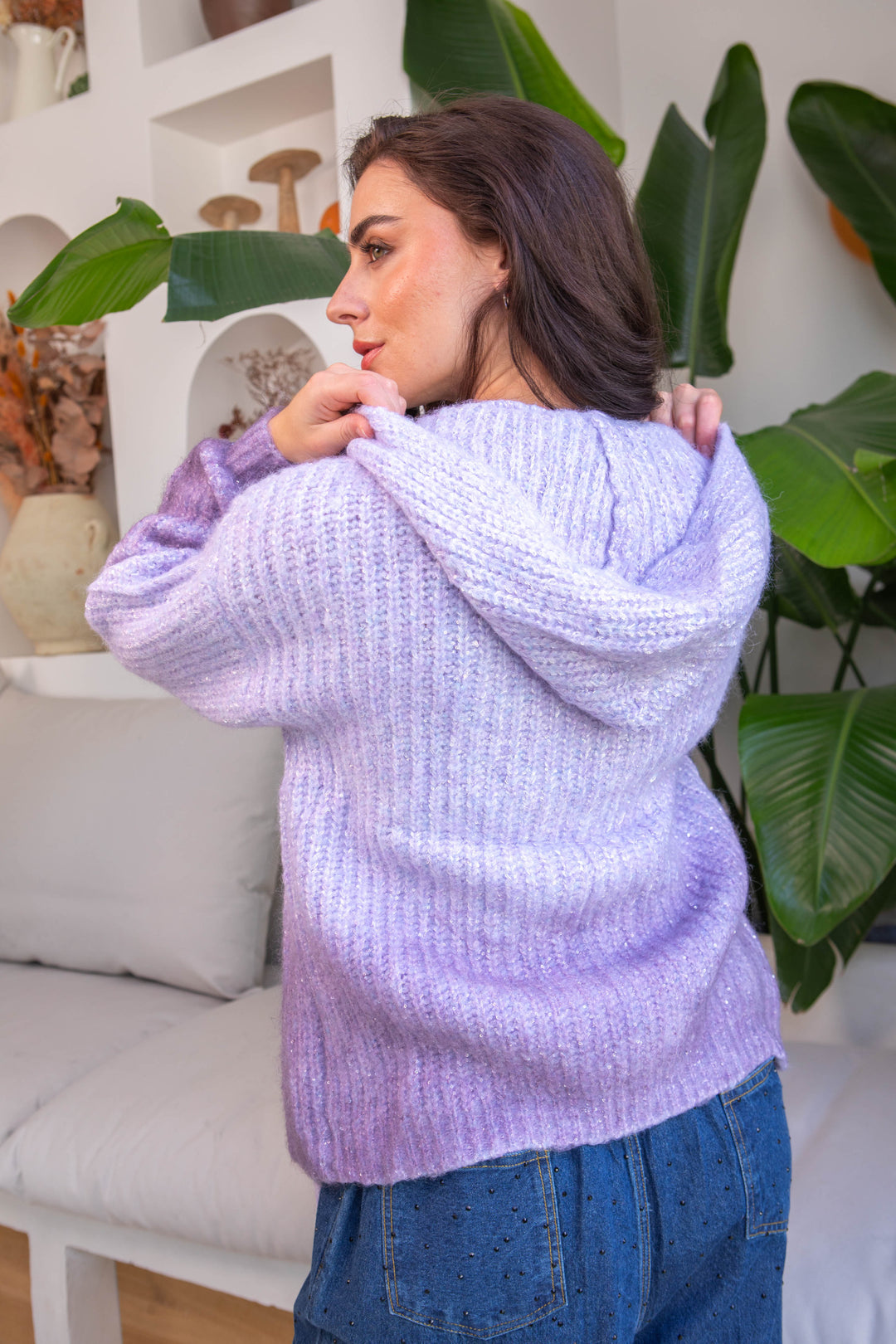 Gilet à capuche avec fils brillants Perle Taille unique