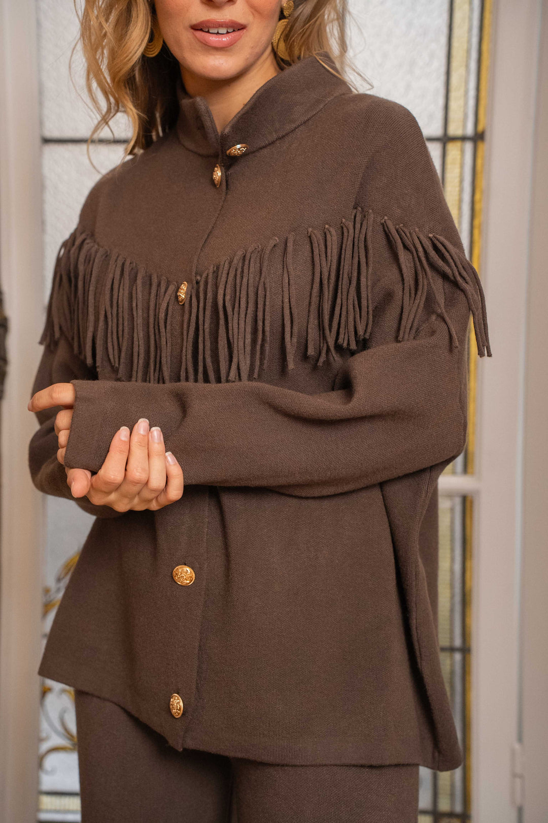 Gilet boutonné à franges Felice Taille unique / Coffee
