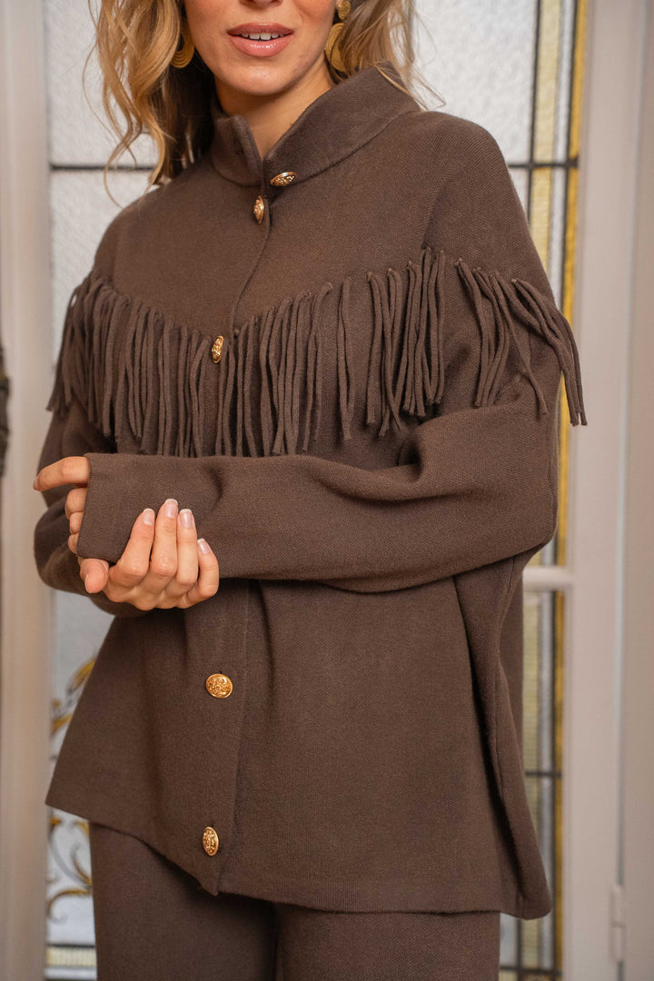 Gilet boutonné à franges Felice Taille unique / Coffee