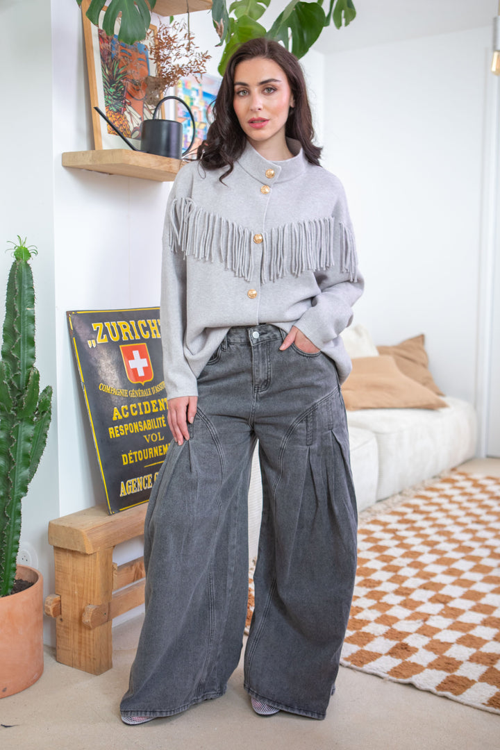 Gilet boutonné à franges Felice Taille unique / Gris clair