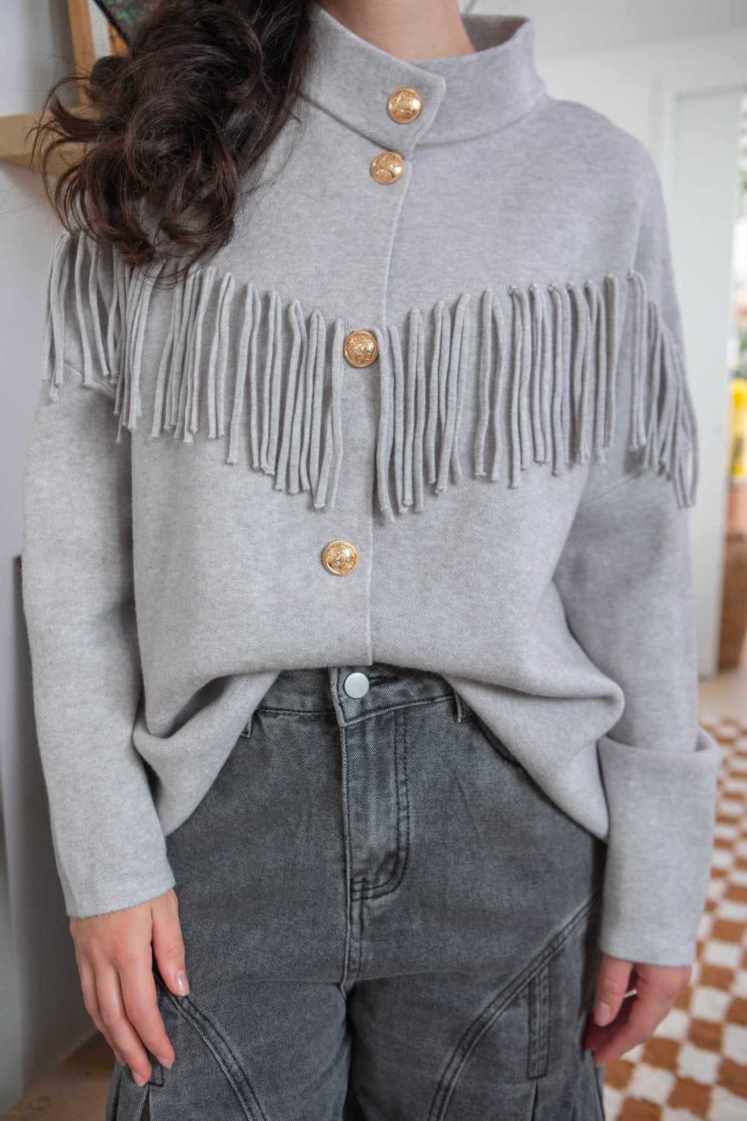 Gilet boutonné à franges Felice Taille unique / Gris clair
