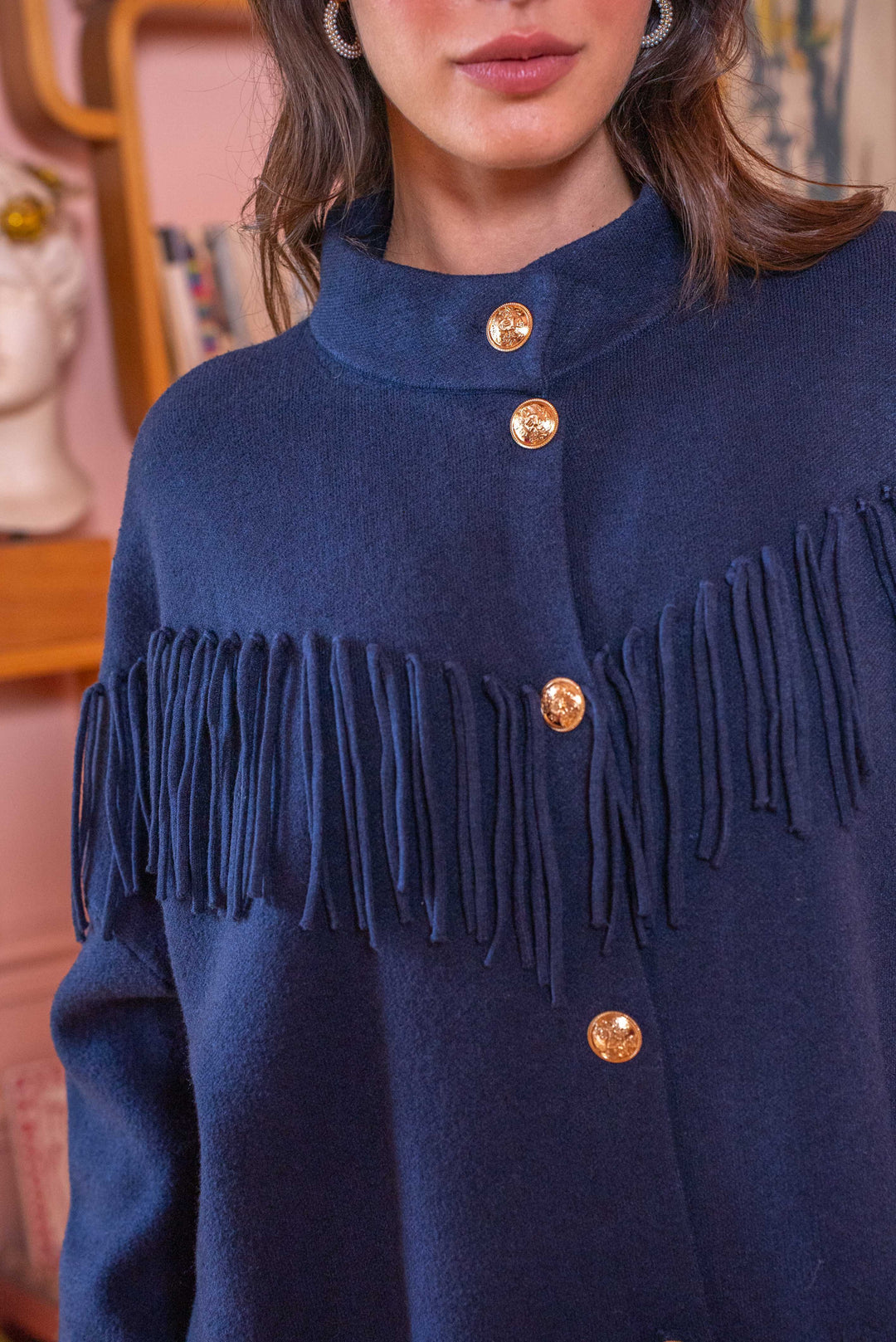 Gilet boutonné à franges Felice Taille unique / Marine