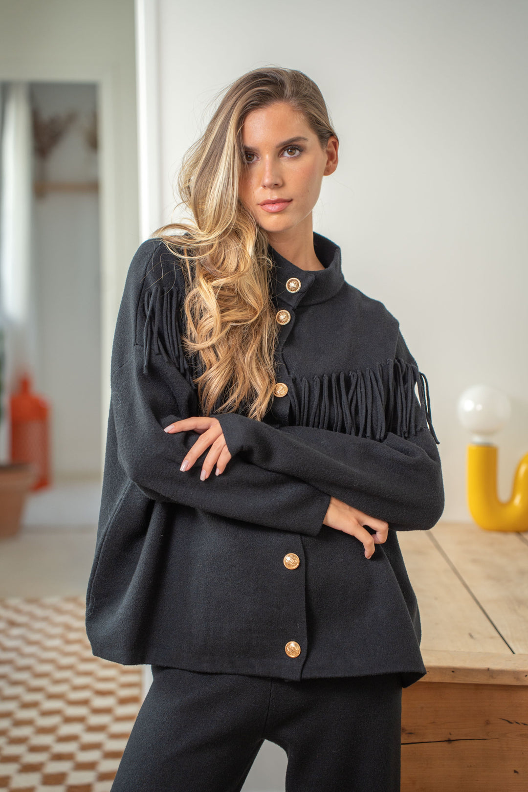 Gilet boutonné à franges Felice Taille unique / Noir gilets