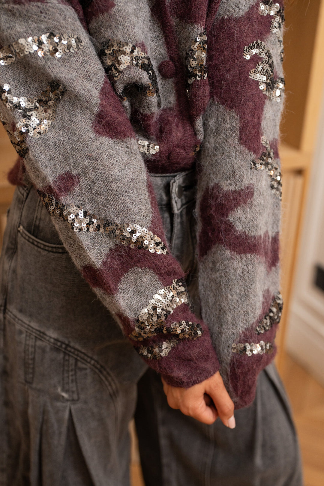 Gilet boutonné camouflage à sequins Pome Taille unique