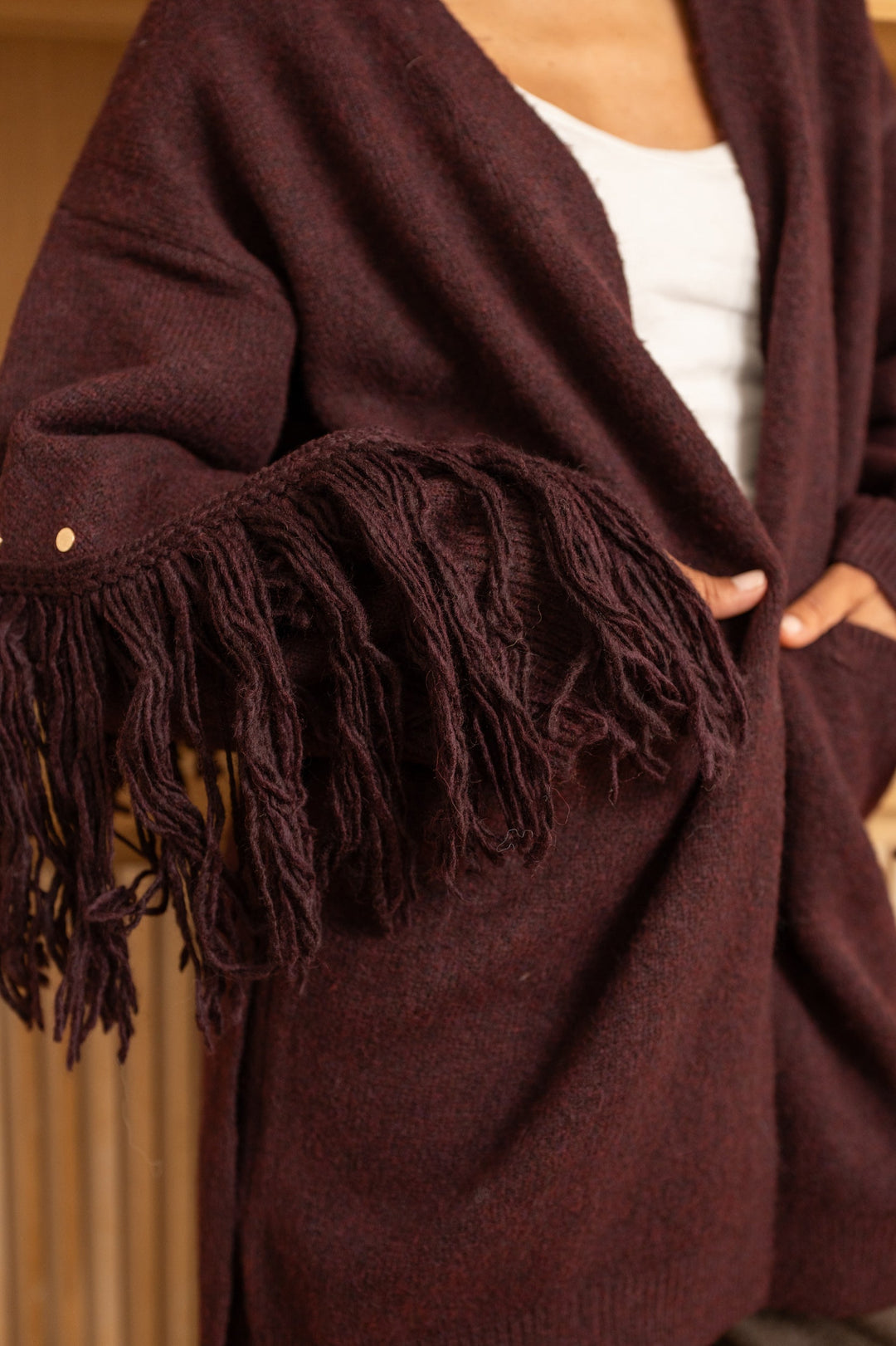 Gilet en laine à franges Rita - Taille unique / Bordeaux