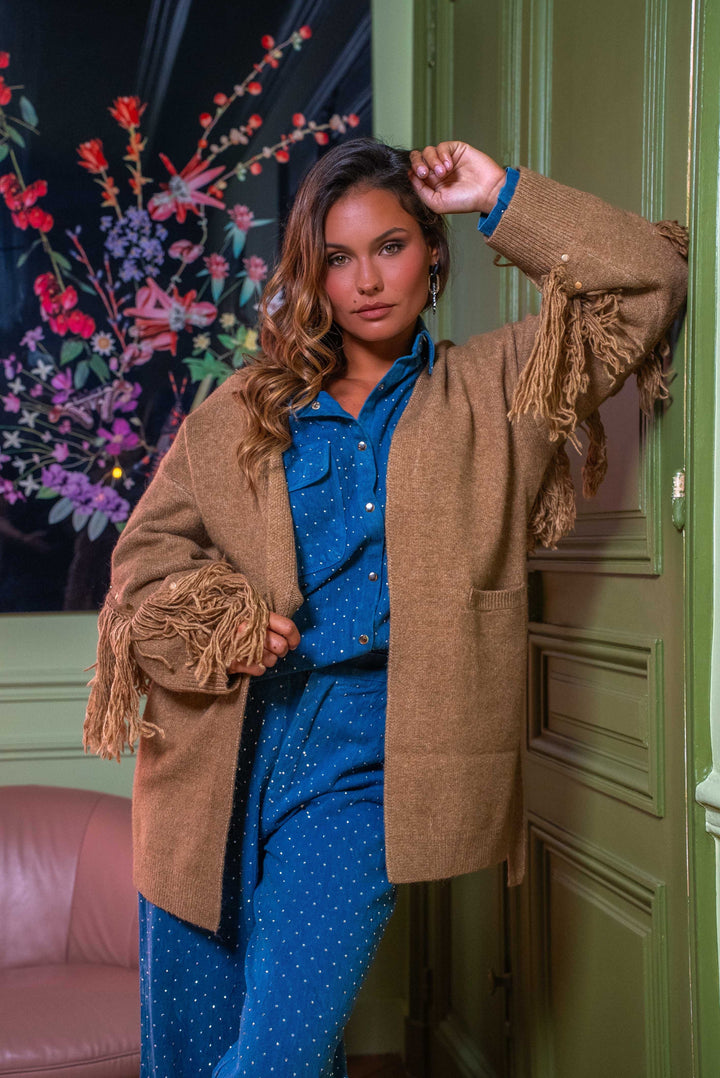 Gilet en laine à franges Rita - Taille unique / Camel