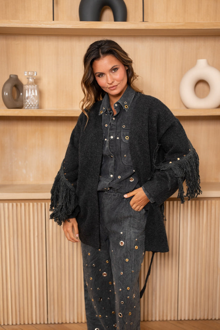 Gilet en laine à franges Rita - Taille unique / Noir